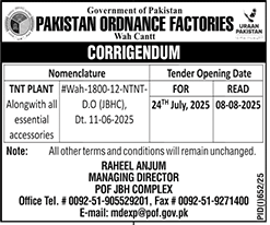 Pakistan Ordnance Factories Wah Cantt Tender Notice